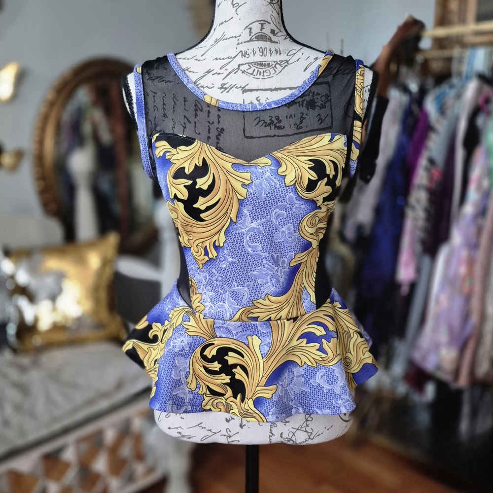 Vintage Ella + Cathy Y2K Blue and Gold Blouse Small